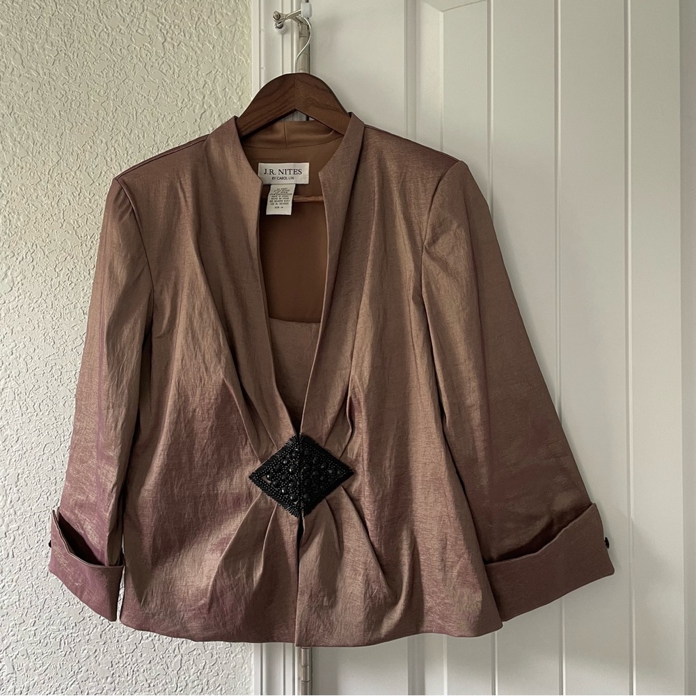vintage 80s JR Nites by Carol Lin Taffeta Taupe 2 piece Jacket and cami Size 14